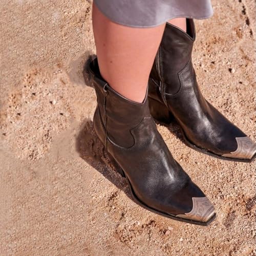 keleimusi Women's Western Cowgirl Ankle Boots Stacked Block Heel Cowboy Booties Steel Toe Heeled Short Cowboy Boots Side Zipper Western Booties for Women3