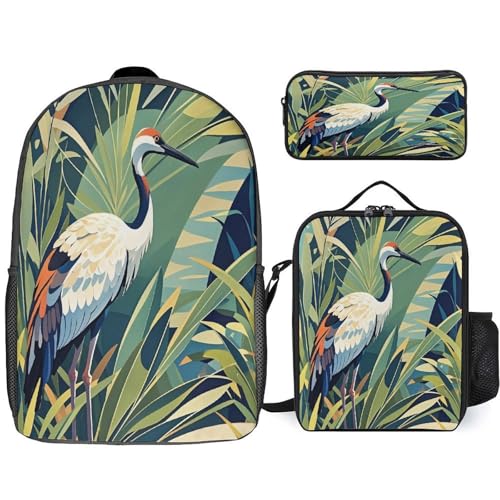 Printed Backpack With Lunch Pack Storage Box Case Crane Bird Wild Plants 3pcs Lightweight Travel Backpack