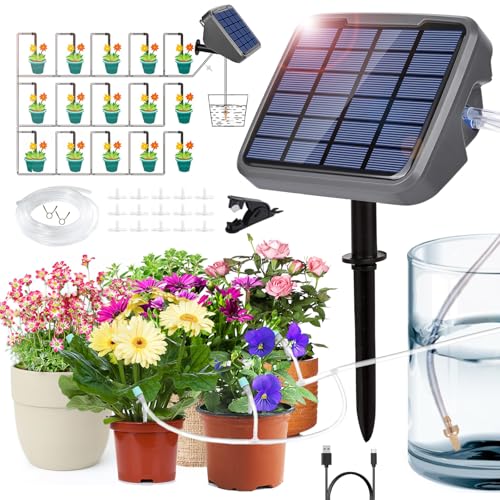 MOOKLIN ROAM 3600mAh Solar Automatisches Bewässerungssystem, 15M Gartenbewässerungssystem Wiederaufladbar Tropfbewässerungsgerät mit Einstellbare Zeit für Garten Gewächshaus Bonsai Balkon