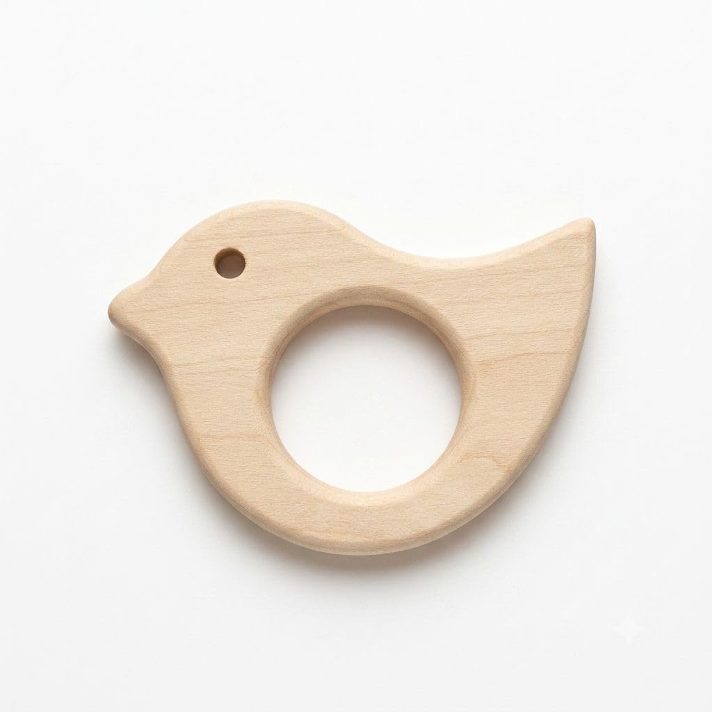 FRESH FUSION Natural Wood Bird Shape Baby Teether, Smooth Hand-Polished Wooden Chew Toy, Lightweight Easy Grip Teething Ring for Infants-image-36