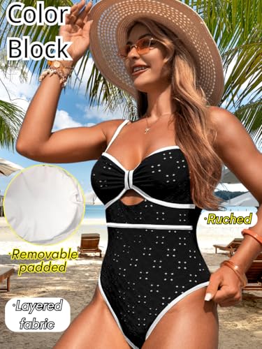 Womens One Piece Cutout Swimsuit, Sexy Tummy Control Bathing Suit, Color Block Monokini, 2025 Retro Swimwear2