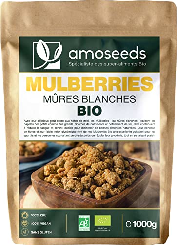 Mûres Blanches Bio 1KG | White Mulberries Séchées, Sans sucre ajouté | Qualité Supérieure | Savoureuses, Encas sains, Sport, Énergie.… Cover