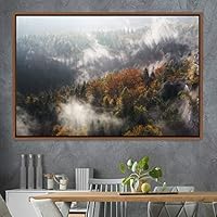 Framed Canvas Wall Art Foggy Mountains Aerial Cool Multicolor Nature Photography Realism Relax/Calm Rustic Wilderness - 16x24 inches