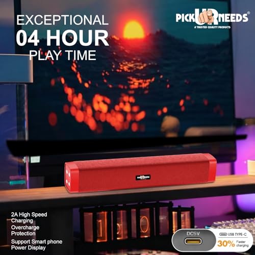 Image of Pick Ur Needs Rechargeable 10W Wireless Bluetooth Soundbar Speaker with 1200mAh Battery, FM Radio, TF Card, USB & AUX Support - 4 Hours Playtime Home & Outdoor Speakers (Red)
