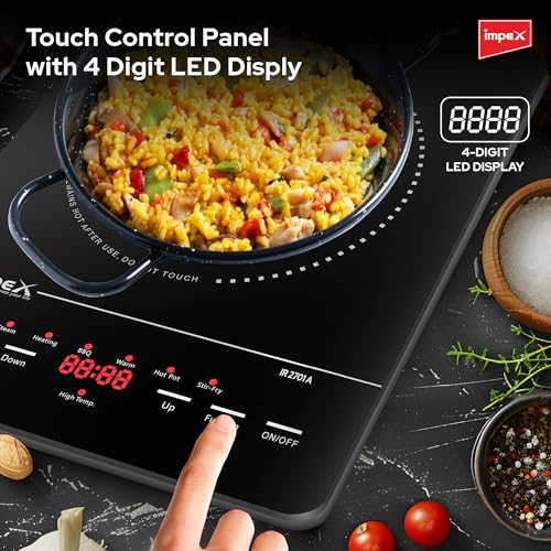 موقد طهي بالأشعة تحت الحمراء 1500 واط بشاشة ليد رباعية الأرقام وتحكم بأزرار ضغط، 10 إعدادات لدرجة الحرارة و6 أوضاع للطهي ومؤقت قابل للبرمجة لمدة 3 ساعات، متوافق مع جميع أواني الطهي من امبيكس