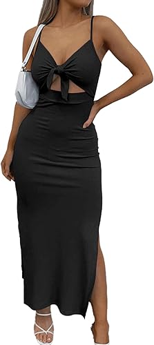 LYANER Vestido largo ajustado de punto sin mangas con nudo atado y cortes laterales con dobladillo dividido para mujer