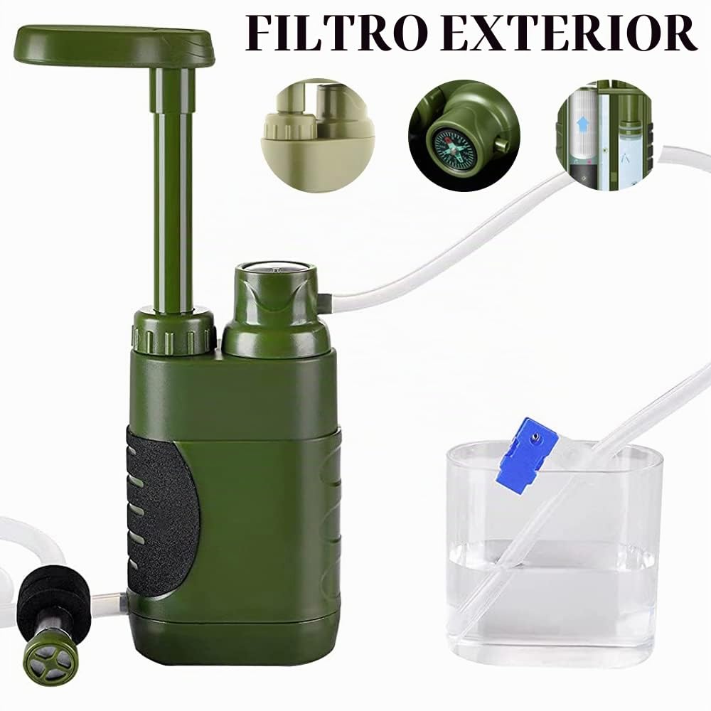 Namvo Filtro de agua para exteriores, tratamiento de agua potable, 3000 L, para supervivencia y camping, para equipo de emergencia, color verde militar