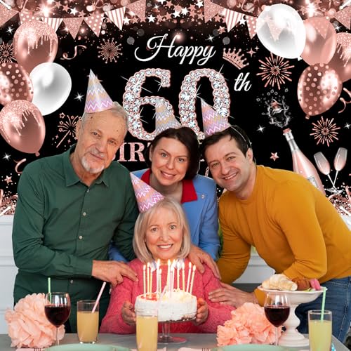 Image of Avezano Happy 60th Birthday Banner for Women Black and Rose Gold Glitter Balloon 60 Birthday Party Backdrop 60 Year Old Bday Photo Backdrop Party Supplies 70.8 x 43.3 Inch