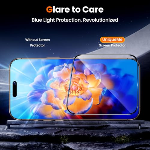 Image of UniqueMe for iPhone 16 Pro Max Blue Light Blocking Screen Protector, 2 Pack | 6.9 inch, Anti-blue Light, Eye Protection, Bubble-Free, Tempered Glass, 9H+ Hardness, 3D Full-coverage, Easy Installation