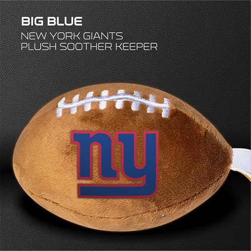 Image of New York Giants Plush Football Pacifier Holder by Smilo - Officially Licensed NFL Soother Holder - Soft Plush Toy and Dummy Holder - Fits Any Pacifier - Stroller Accessory & Newborn Essential
