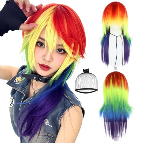TIKJOYS Rainbow Wig LGBT Long Straight Wig Colorful Wigs for Pride Day