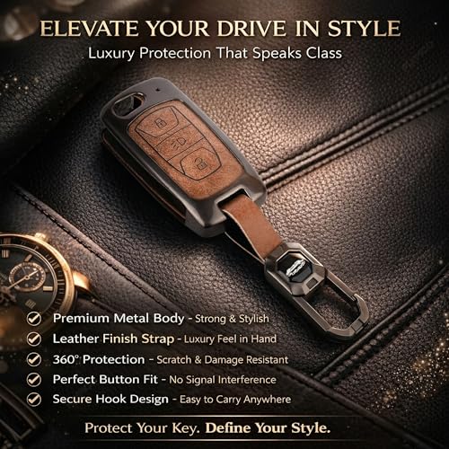 Image of Car Key Cover Compatible with Tata Nexon|Altroz|Tiago|Punch|Harrier|Safari|Tigor 3-Button Smart Key (Leather Metal 2.0)