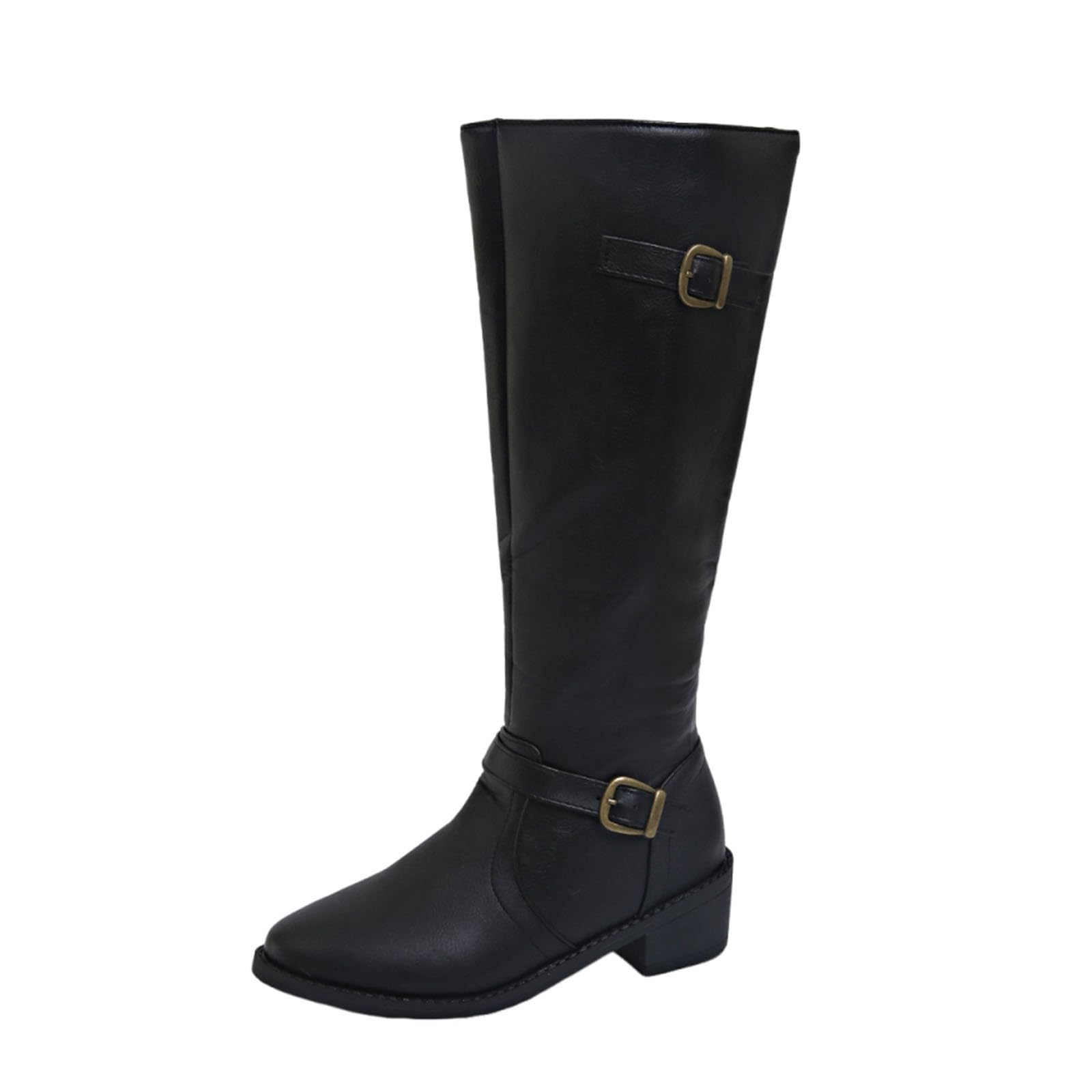 Womens Knee High Boots Riding Boots with Buckle Strap Low Chunky Heel Side Zipper - Winter Motorcycle Flat