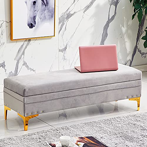Lujoso banco otomano de almacenamiento de terciopelo moderno con reposapiés y taburete de entrada para sala de estar, elegante banco cambiador de zapatos, color gris claro, 100 x 40 x 40 cm (39 x 16)