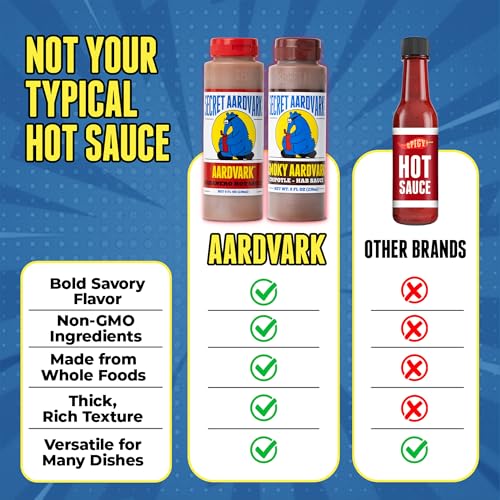 Image of Secret Aardvark Habanero and Chipotle Hot Sauce, 2-Pack Bundle 8 fl oz | Tomatoes & Carrots, Chipotle & Garlic, Smoky BBQ Combo, Non-GMO, No HFCS, Vegan, Low Carb, For Tacos, Eggs, and Grilling