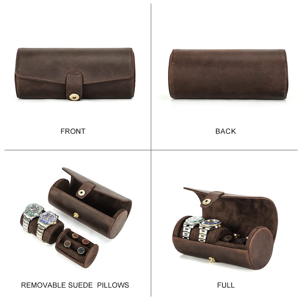 Hiram Étui de voyage portable en cuir véritable pour montres et boutons de manchette multifonction pour les voyages