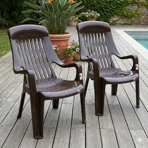Image of Oaknest Unboxing Furniture Celloo Premium Plastic Relaxing Chair with Armrests | Ergonomic High-Back Lounge Seating for Home, Garden & Balcony (Brown), Count of 2
