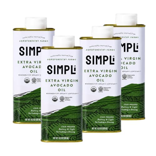SIMPLi Regenerative Organic Certified® Extra Virgin Avocado Oil, High Smoke Point, Rich in Antioxidants, Cold-Pressed, Non-GMO, 16.9 fl oz (4-Pack)