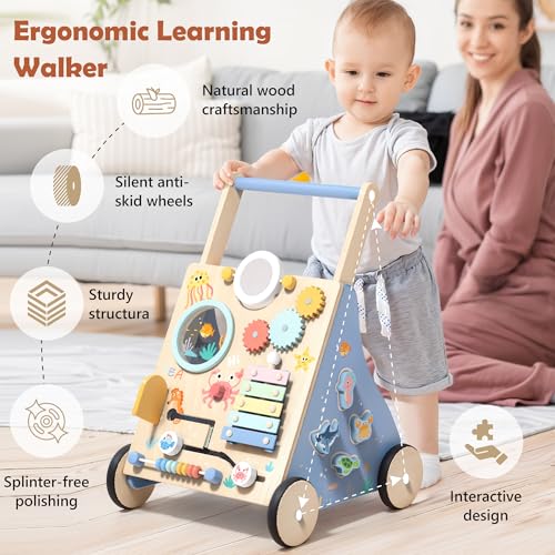 Image of Wooden Baby Walker, Baby Push Walker with Montessori Toy for Girls Boys, Toddler Walking Toys for 18 Months of Age and Over Learning to Walk, Sit-to-Stand, Baby Activity Center for Kids Development