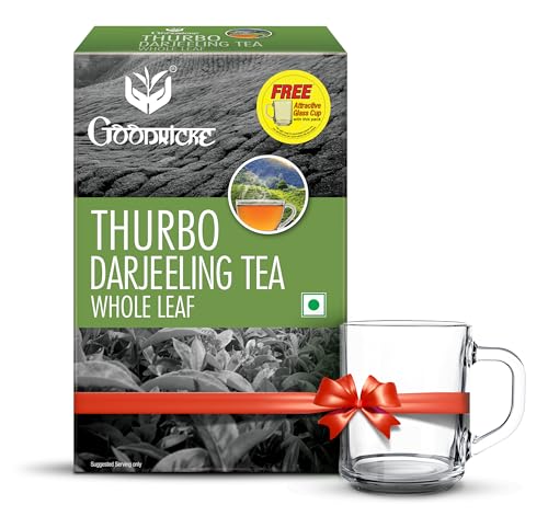 Image of Goodricke Thurbo Darjeeling Tea 250gm Pack of 1 with Complimentary Glass Cup, Loose Whole Leaf Darjeeling Black Tea with Delicate Aroma and Bright Character, 100% Sourced from Goodricke Gardens