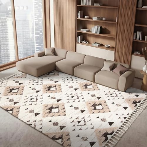 SAFAVIEH Area Rug 8x10 - Moroccan Tassel Shag Collection - Large - Ivory & Brown, Non-Shedding & Easy to Clean, Plush High-Low Texture, Ideal for Living Room, Bedroom, Dining Space (MTS688A)