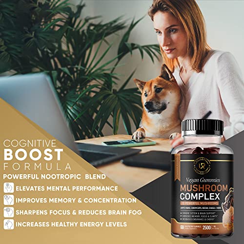 Mushroom Gummies | 10 Mushroom Supplement - 2500mg - Turkey Tail, Chaga, Reishi, Cordyceps & Lions Mane Organic Mushroom Extracts, Nootropic Brain Booster For Focus, Memory, Clarity, Energy | 60ct - Image 4