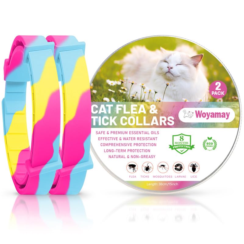 Woyamay Collar Antiparasitario Gatos, Collar Antipulgas y Garrapatas Gatos Impermeable e Ajustable Collar Antipulgas Gatos, 8 Meses de Protección Collar Gato contra Pulgas y Piojos Iridiscente, 2 Pcs