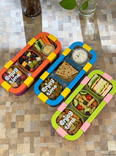 Image of Homeoculture Stainless Steel Kids Lunch Box 2 Compartment 500ml | Pink Astronaut Cartoon Tiffin Box with Spoon & Fork | Leakproof BPA-Free Food Container for Boys & Girls School Use (Enjoytimeorange)