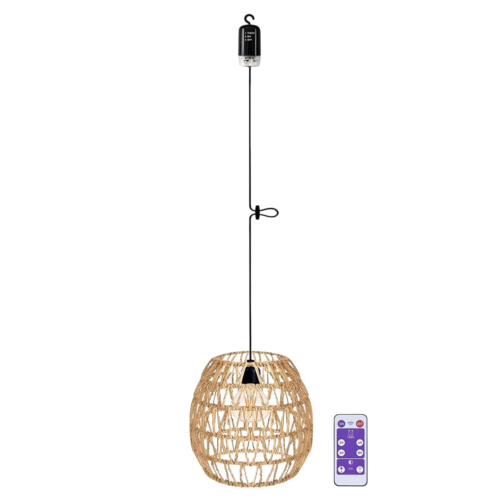 Latarnia rattanowa LED, zasilana bateriami, pilot zdalnego sterowania, wodoodporna lampa wisząca, beżowa, ciepła biel