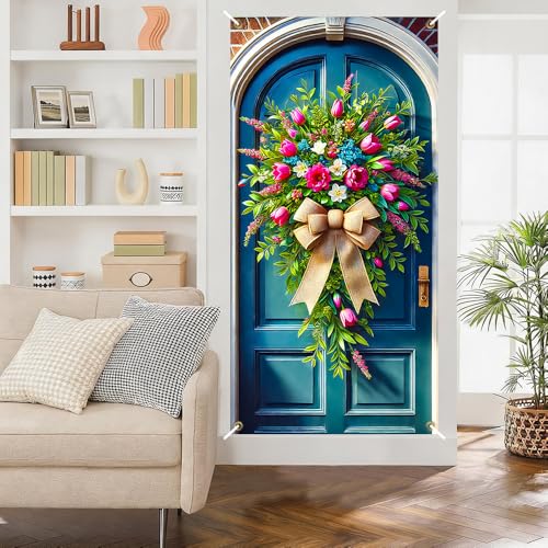 Image of Spring Tulip Bouquet Door Cover 35x71in Hydrangea Bow