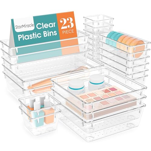 Image of StorMiracle 23 PCS Drawer Organizer Set, 5 Varied Size Bathroom and kitchen Drawer cabinet organizer Trays, Clear Storage Bins for Makeup, Jewelry, Utensils and Gadgets