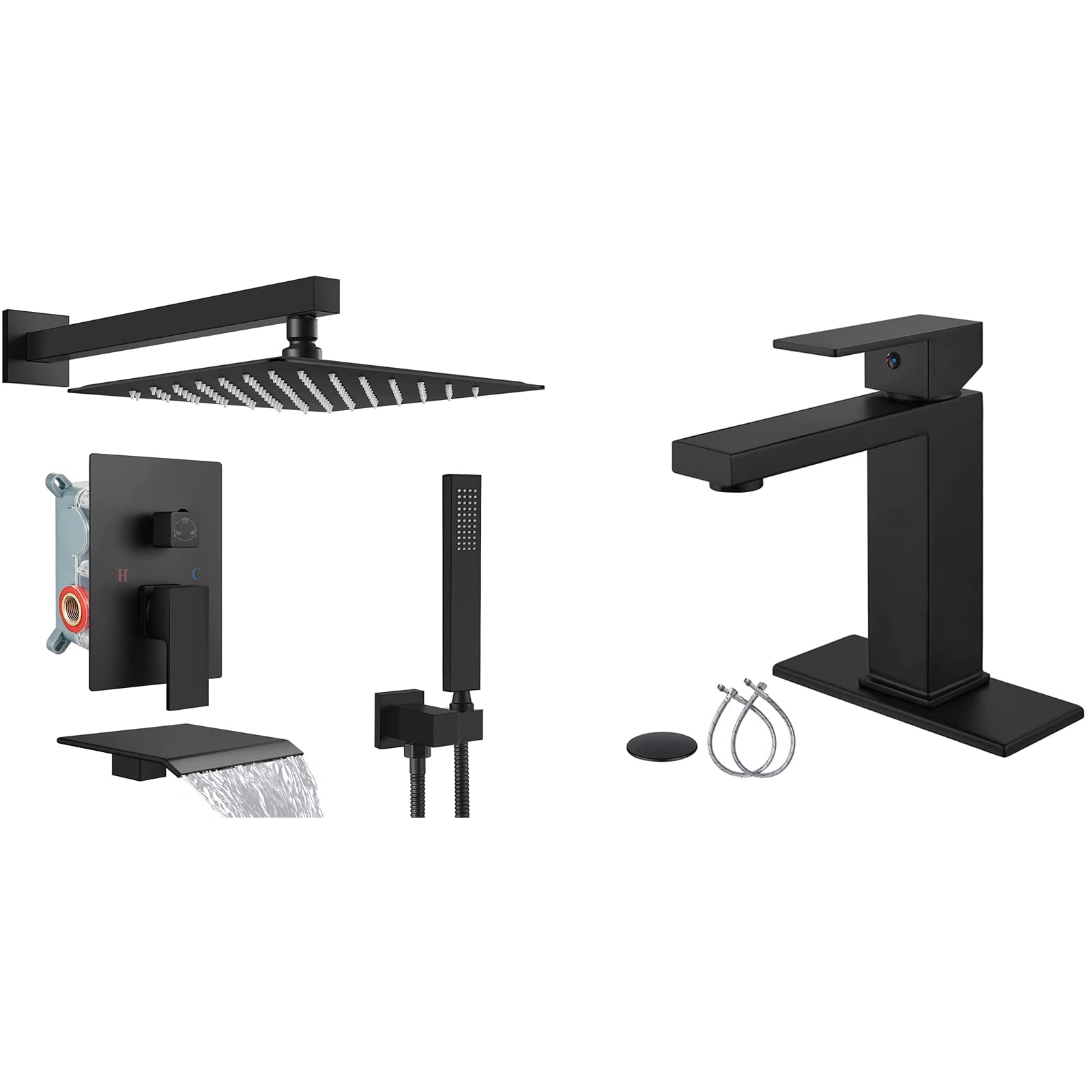 Set Doccia a Pioggia da 12 Pollici Nero Opaco con Rubinetto per Vasca e Doccia Abbinato a Rubinetto monocomando per Bagno Nero Opaco.