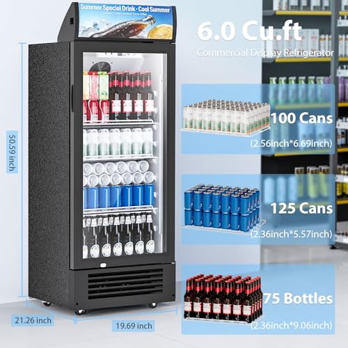 Image of Electactic 6 Cu.Ft Commercial Beverage Refrigerators, Freestanding Display Cooler with Smart Temperature Control, Double-Tempered Glass Door, Display Fridge for Bar, Office, Restaurant, Outdoor