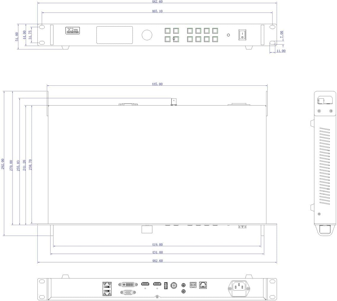 Technical drawing with dimensions of the X2m Colorlight LED Video Controller