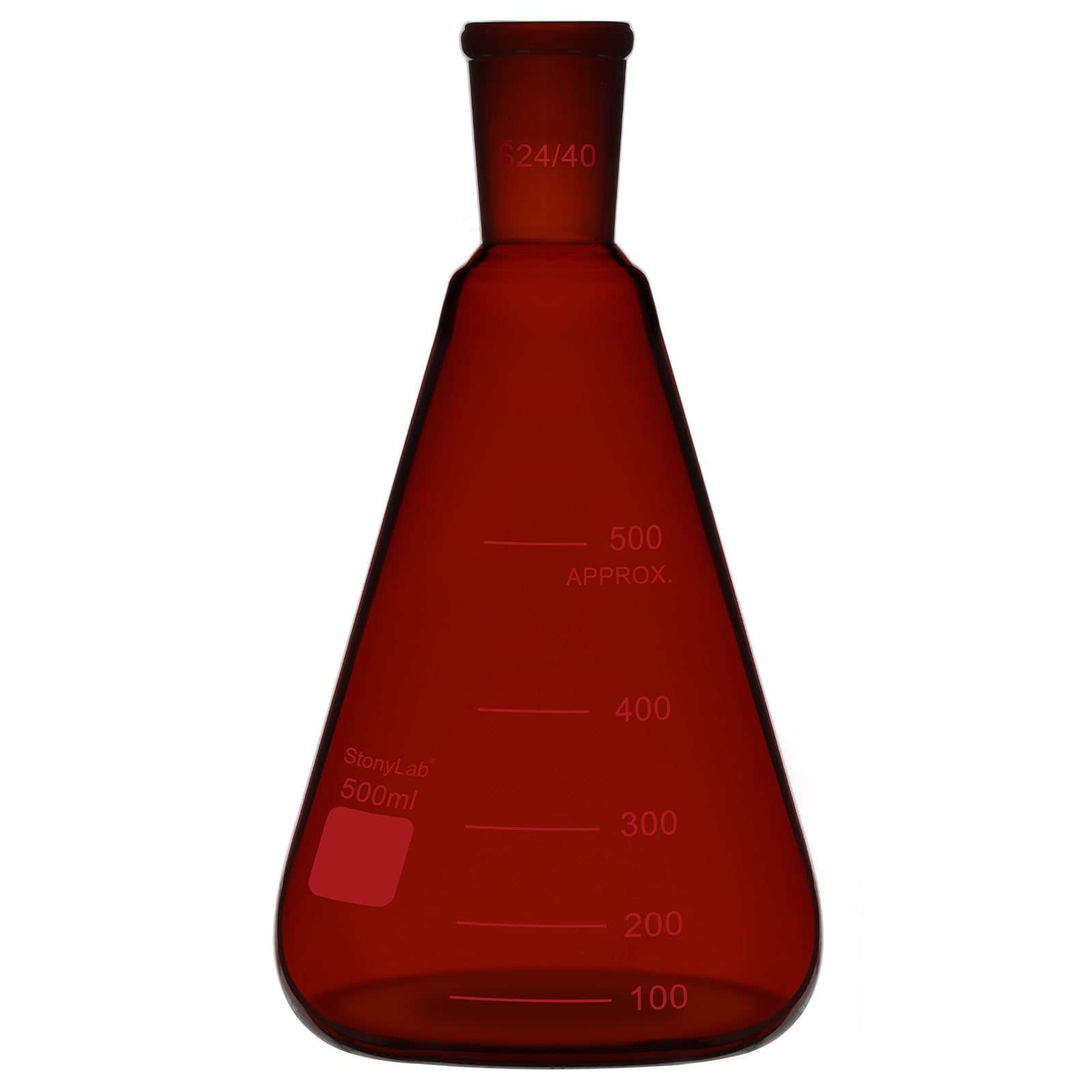 stonylab Matraz Erlenmeyer Ámbar con Junta Externa Cónica Estándar 24/40, Vidrio Borosilicato, Matraz de Pared Gruesa, 500 ml, Ideal para Mezclas, Calentamiento y Experimentos de Laboratorio