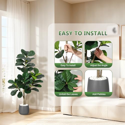 4FT Fiddle Leaf Fig Tree Artificial with 48 Leaves - Realistic Faux Ficus Lyrata Trees in 7.8" Grey Planter Pot, Indoor Fake Floor Plants for Home Office Living Room Decor, Housewarming Gift