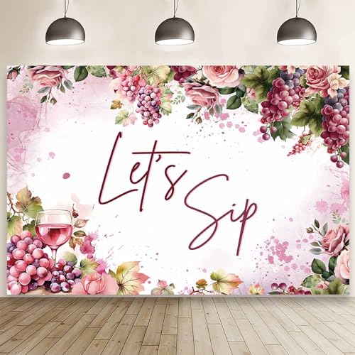 Toile de fond anniversaire Let's Sip violette pastel 2,1x1,5m avec motifs fleurs et raisins