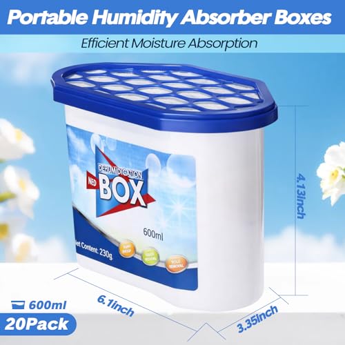 Image of LemonRoad 20 Pack Moisture Absorbers 20 oz 600 ml Calcium Chloride Dehumidifier Humidity Absorber Buckets for Boats Closet Bathroom Rv Car Kitchen Basement Odor Remover, 4.1 x 6.1 x 3.3 Inch
