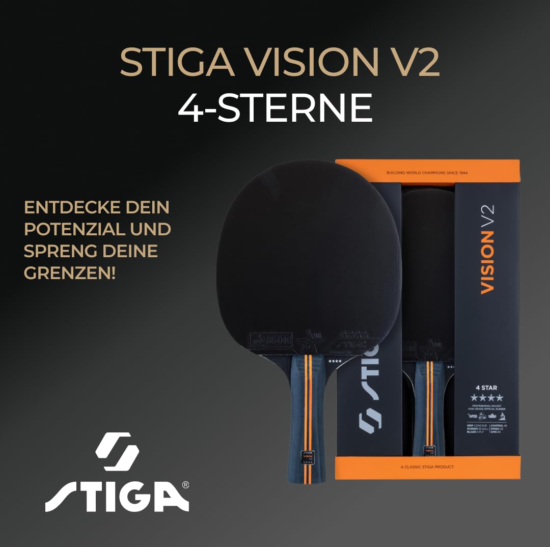 STIGA Tischtennisschläger Vision V2 – Hohe Geschwindigkeit & Kontrolle, ITTF-zugelassener Star 4 Belag, 2,0 mm Schwamm, Crystal Technology, 5-lagiger Holzkern, konkaver Griff