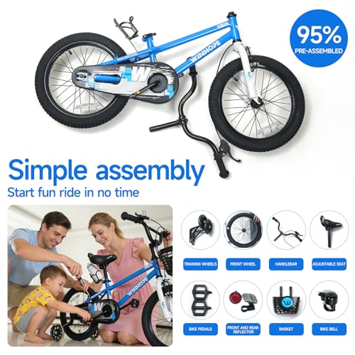 Image of WinHope 12-18 Inch Kids Bike with Light up Training Wheels for Boys Girls | Dual Brake Bicycle with Basket Adjustable Seat Water Bottle for Summer Riding Birthday Gift for Toddler 2-9 Years