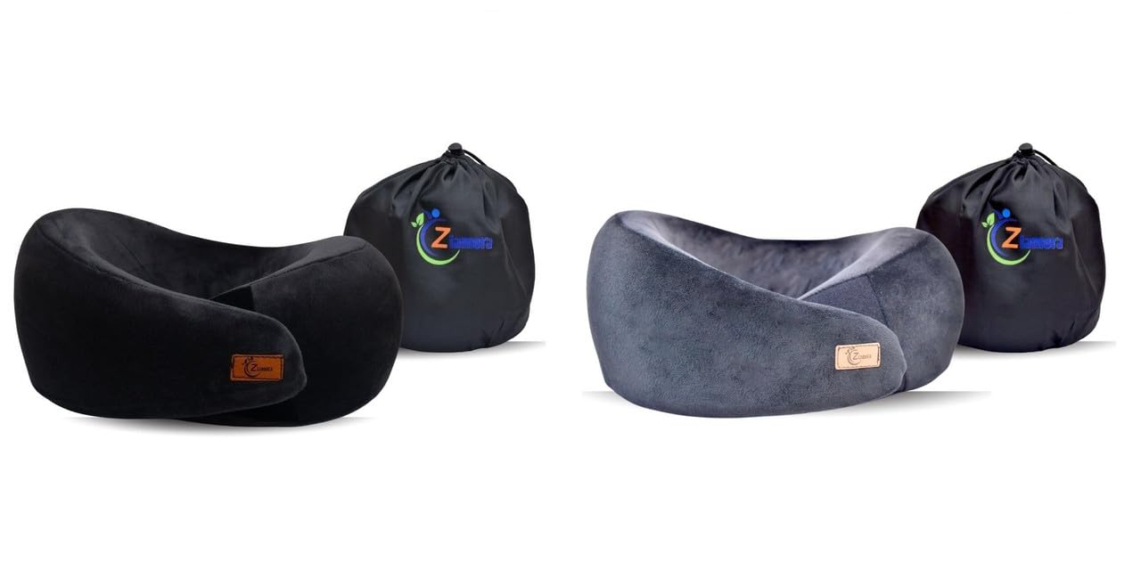 Ziamora Travel Neck Pillow Combo Memory Foam Cushion | Ergonomic Neck Support Headrest for Flight Train Car Office Seating | Lightweight Travel Pillow with Carry Pouch | Pack of 2 - Grey & Black-image-28