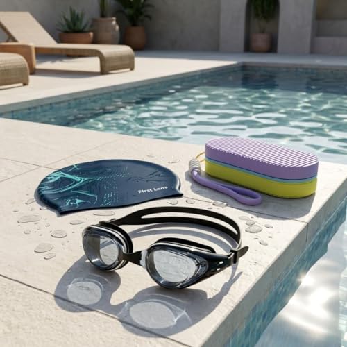 Image of First Lens Swimming Combo Pack with Anti-Fog Goggles, Swimm Cap & Protective Soft Storage Case - Tinted Goggle + Aquawave Cap + Yellow Purple Case