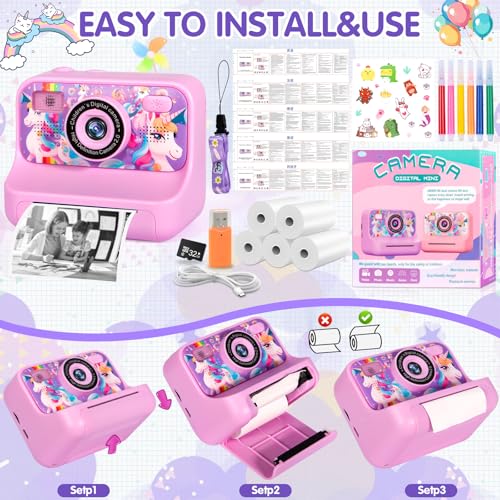 ZQEJEFD Sofortbildkamera Kinder, 1080P HD Sofortdruck von Fotos, 2,4 Zoll Bildschirm Kinderkamera Sofortbildkamera mit 32G Karte, Druckpapier & Farbigen Stiften, Geschenk für Kinders 3-12 Jahren