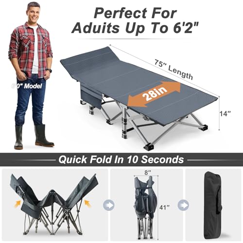 Image of ABORON Camping Cot for Adult 28 inch Extra Wide, Heavy-Duty 1200D Oxford Cot for Sleeping, Portable Folding Camp Bed with Mat & Carry Bag