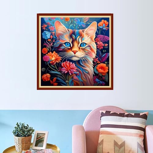 Image of Joyhoor Cross Stitch Kits for Beginners Stamped Cross-Stitch Supplies Needlework preprint Embroidery Kits for Adults DIY Needlepoint Kits Embroidery Patterns 11CT-Cat Flowers 18x18 inchs