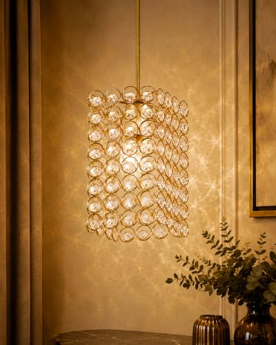Image of Homesake Crystal Pendant Ceiling Light | Gold Metal Hanging Lamp with Crystal Ring Shade | Modern Luxury Chandelier for Living Room, Dining Room, Bedroom, Hallway & Balcony | E27 Holder
