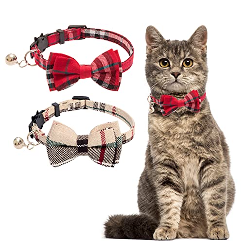 JJLIKE Breakaway Cat Collars with Bell and Bowtie, Adjustable Kitten Collars with Classic Plaid Pattern