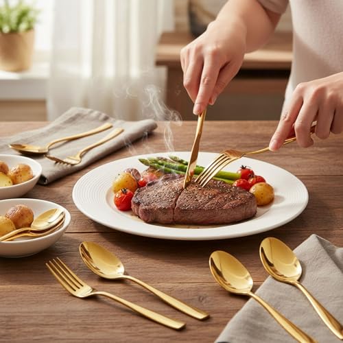 Image of 30 Pcs Gold Cutlery Set for Dining Table the Perfect Mirror Polish Hevy Duty Tableware Including Dinner Spoon, Dinner Fork, Dinner Knife, Dessert Spoon & Dessert Fork