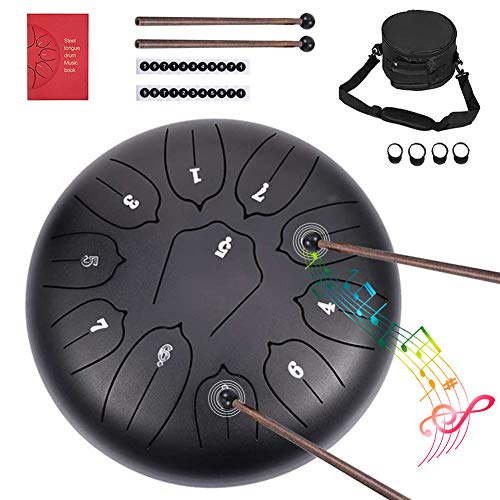 Tambor Metálico de Lengüetas Acero Tambor de la Lengua Tongue Drum nstrumentos 10 Pulgadas con 8 teclas de notas y mazo Llevar Bolsas y Pegatina de notas
