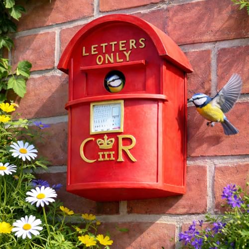 Garden Mile Red Post Box Bird House - Weatherproof Resin Nesting Box for Birds Outdoor Garden Ornaments - Heavy Duty Hanging Birdhouse Garden Decor - Unique Gift for Mothers Day